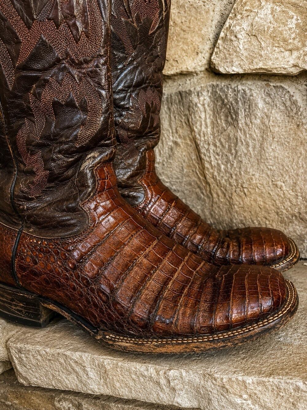 Vintage Cowtown USA Made Caiman Belly Cowboy Boots Brown Exotic Leather Mens 12D